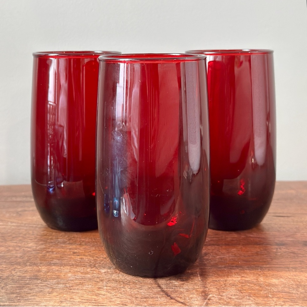 Vintage Hand Blown Tumbler Glasses Ruby Red Set of 3 Mid Century Modern MCM 70s